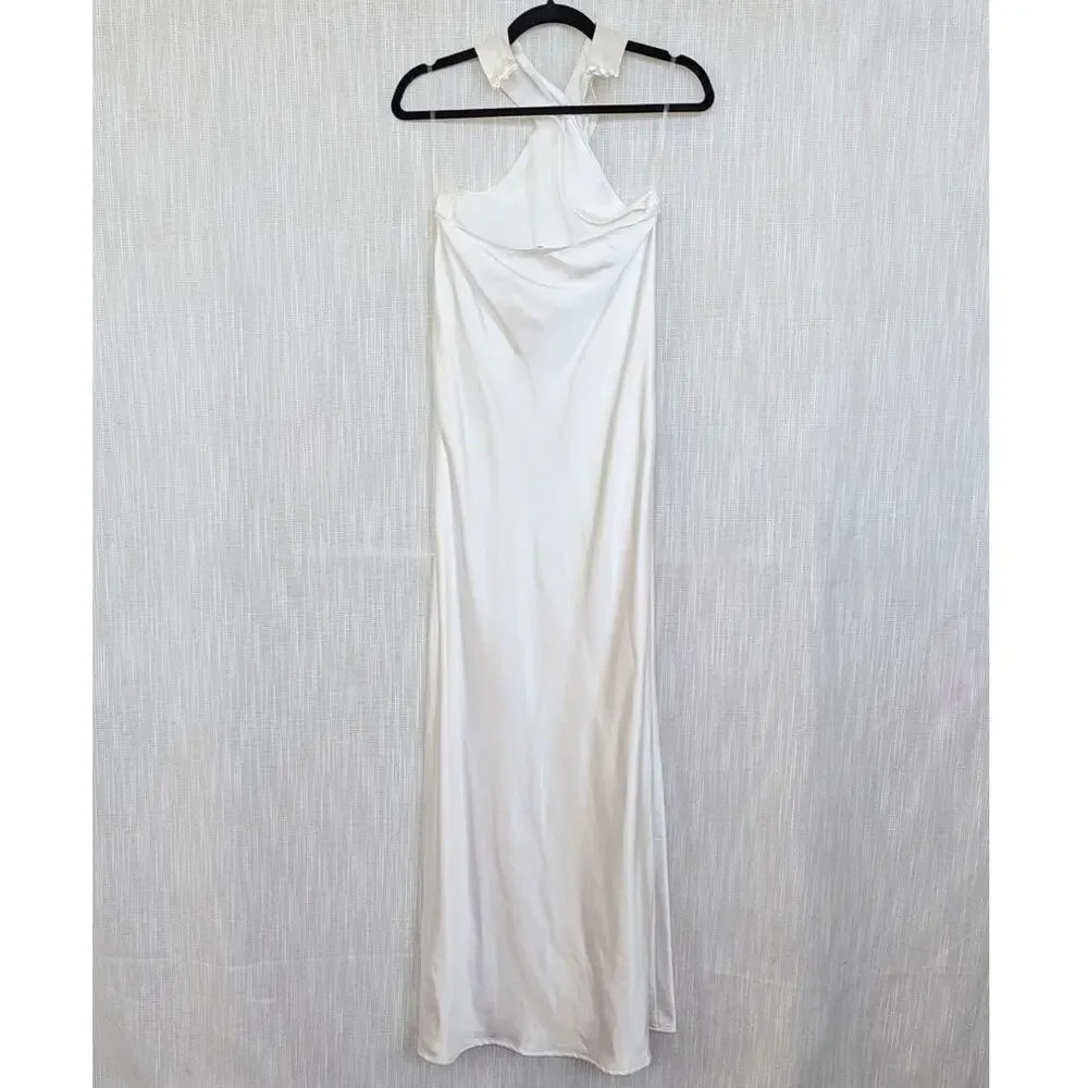 Meshki Laura Halter Satin Gown Maxi Dress S White Sleeveless Long